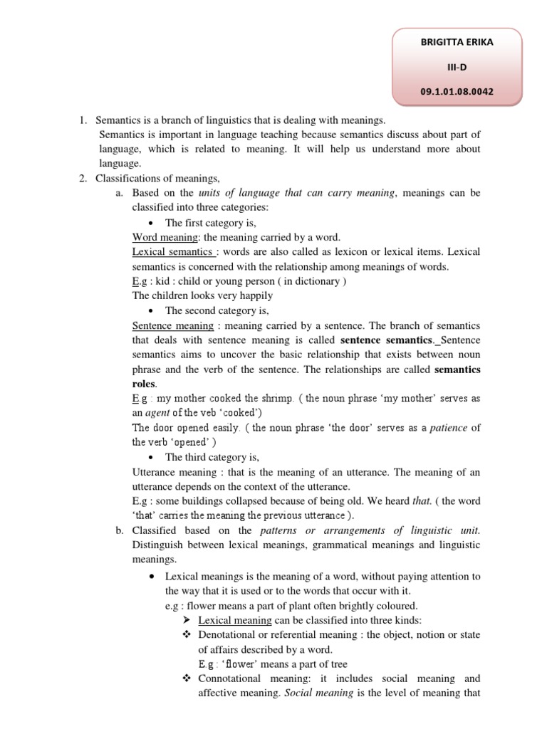 Understanding Semantics in Linguistics | PDF | Semantics | Lexicon