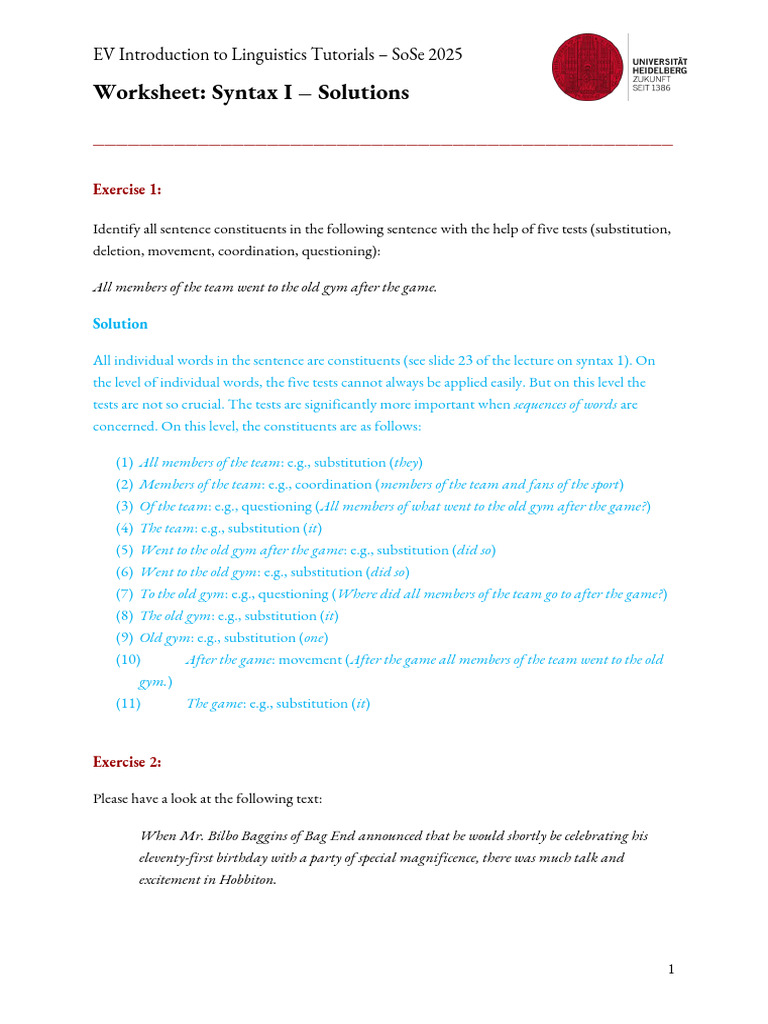 Syntax I Solutions for Linguistics Tutorial | PDF | Word | Grammatical ...