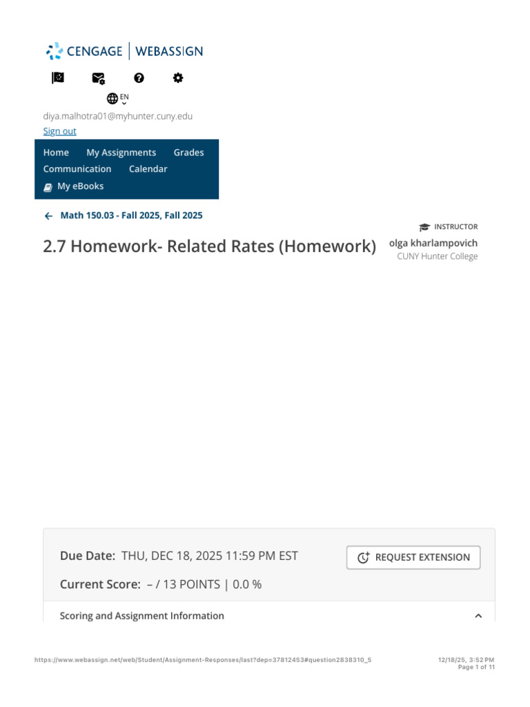2.7 Homework- Related Rates - Math 150.03 - Fall 2025, Fall 2025 ...