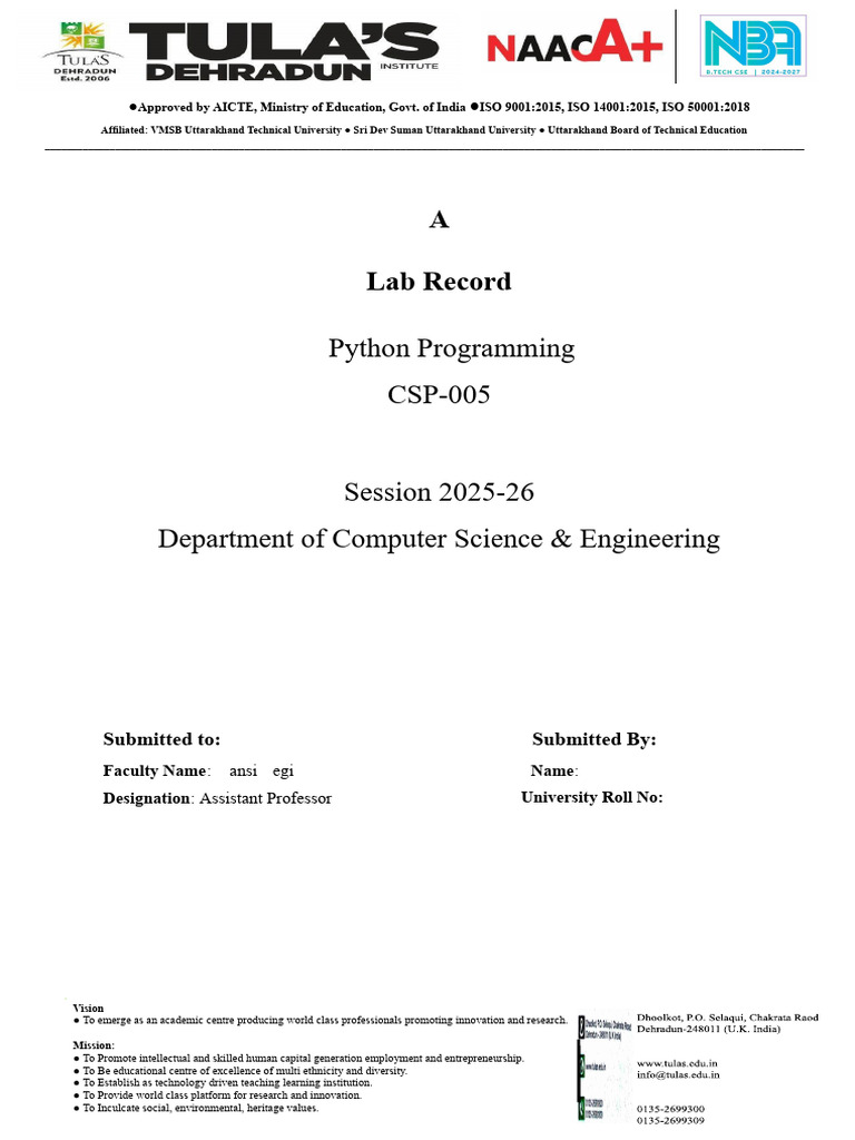 Lab Record for Python Programming 2025-26 | PDF