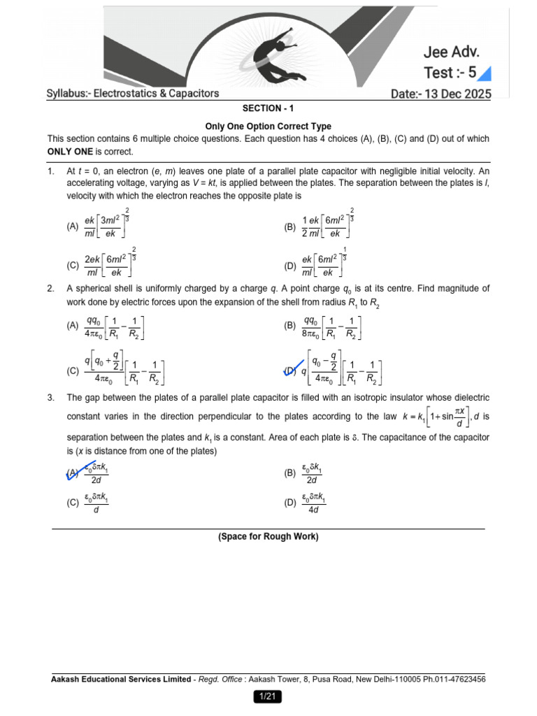 JEE Advanced 2021 Physics Test Paper 1 | PDF | Capacitor | Electric Field