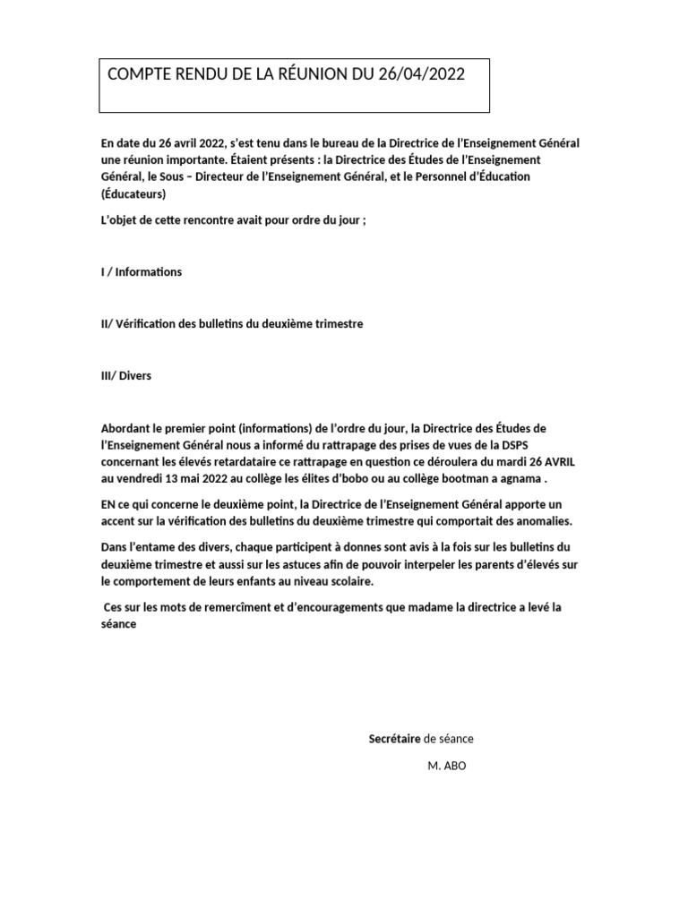 Compte rendu réunion enseignement général | PDF