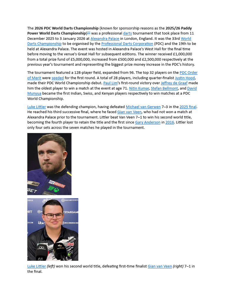 2026 PDC World Darts Championship | PDF | Indoor Sports | Pub Games
