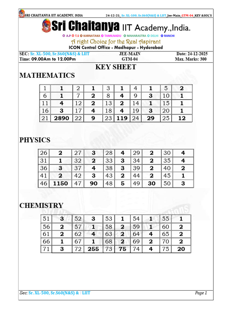 JEE Main 2025 Key & Solutions - Sri Chaitanya | PDF | Mathematical Objects