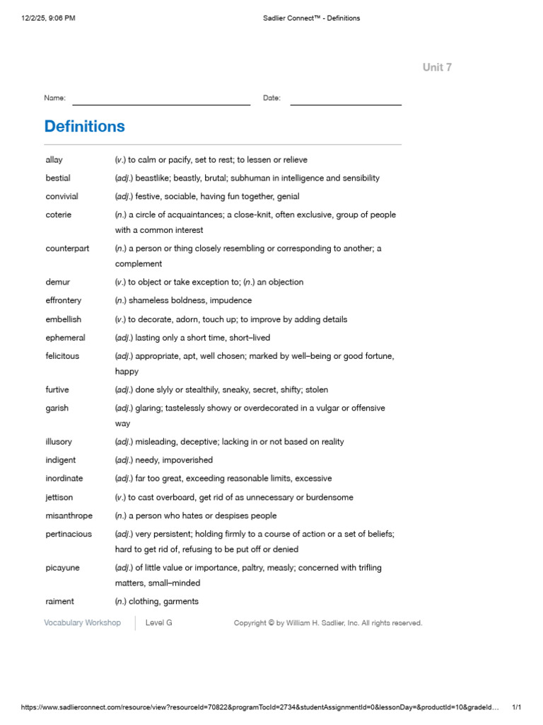 Vocabulary Definitions for Level G | PDF