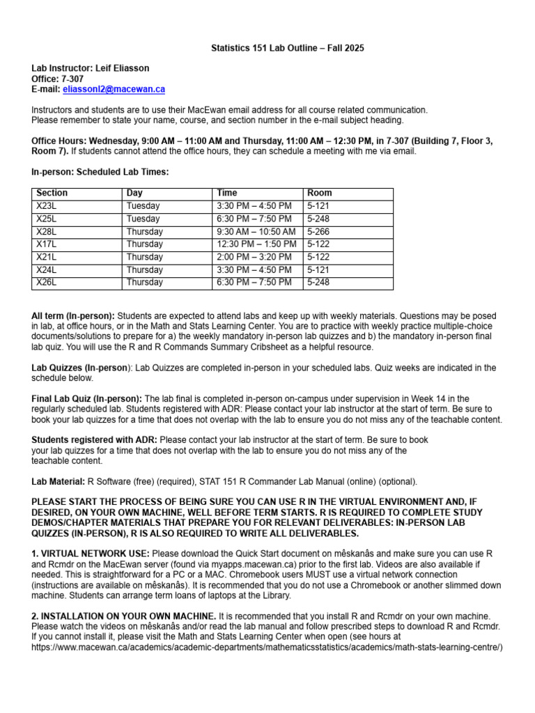Statistics 151 Lab Outline Fall 2025 | PDF | Multiple Choice | Quiz