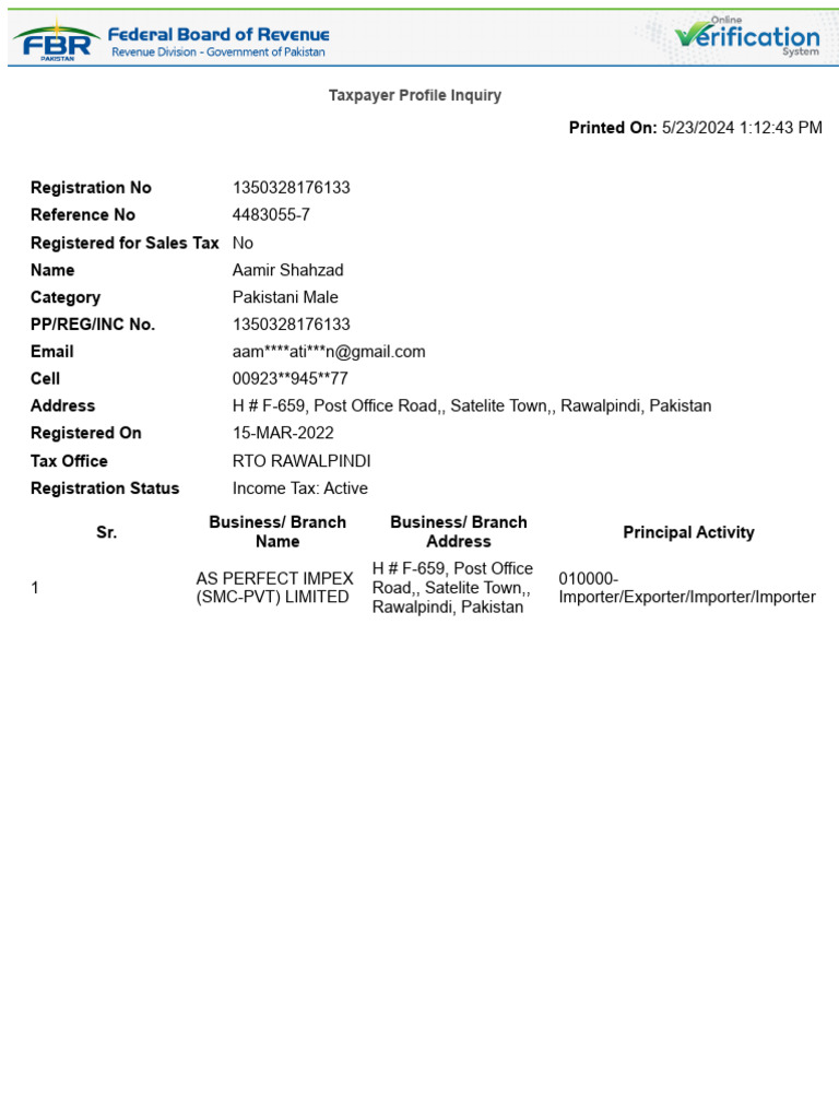 Taxpayer Profile: Aamir Shahzad | PDF