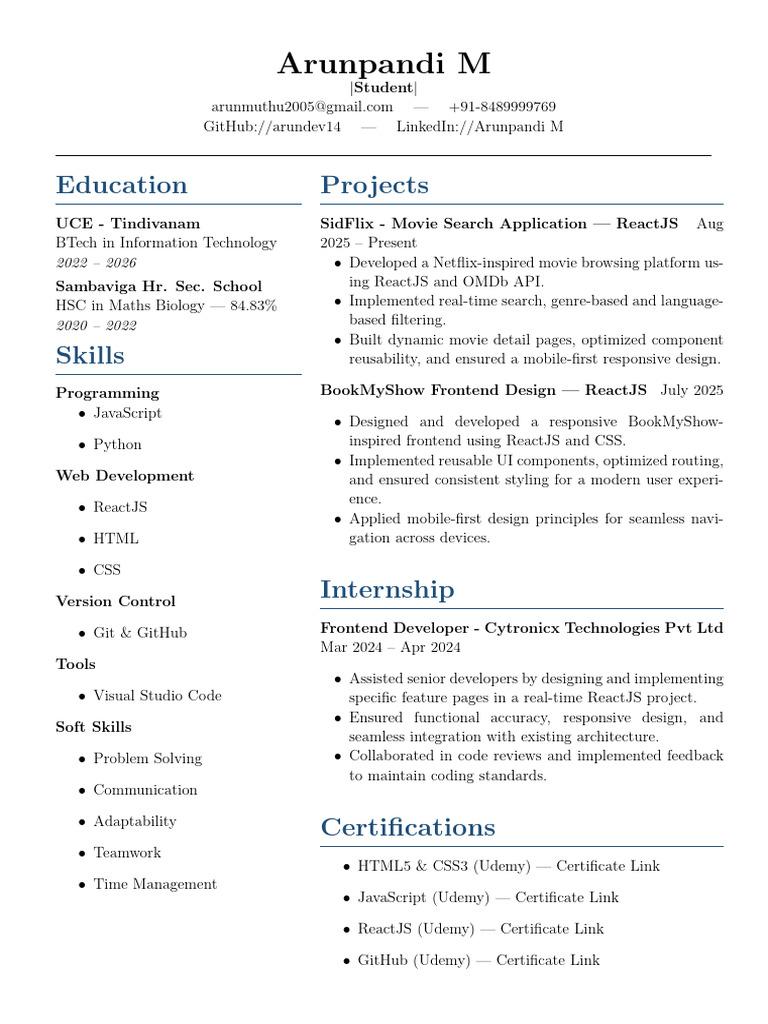 Arunpandi M - BTech IT Student Profile | PDF | Web Development ...
