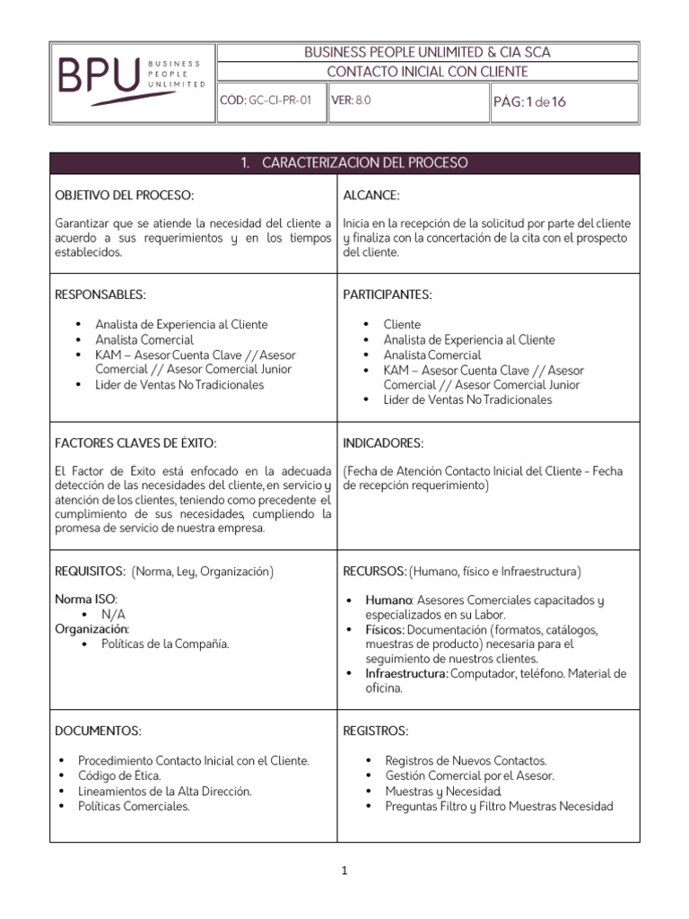 1. GC-CI-PR-01 CONTACTO INICIAL CON CLIENTE V 8.0 | PDF
