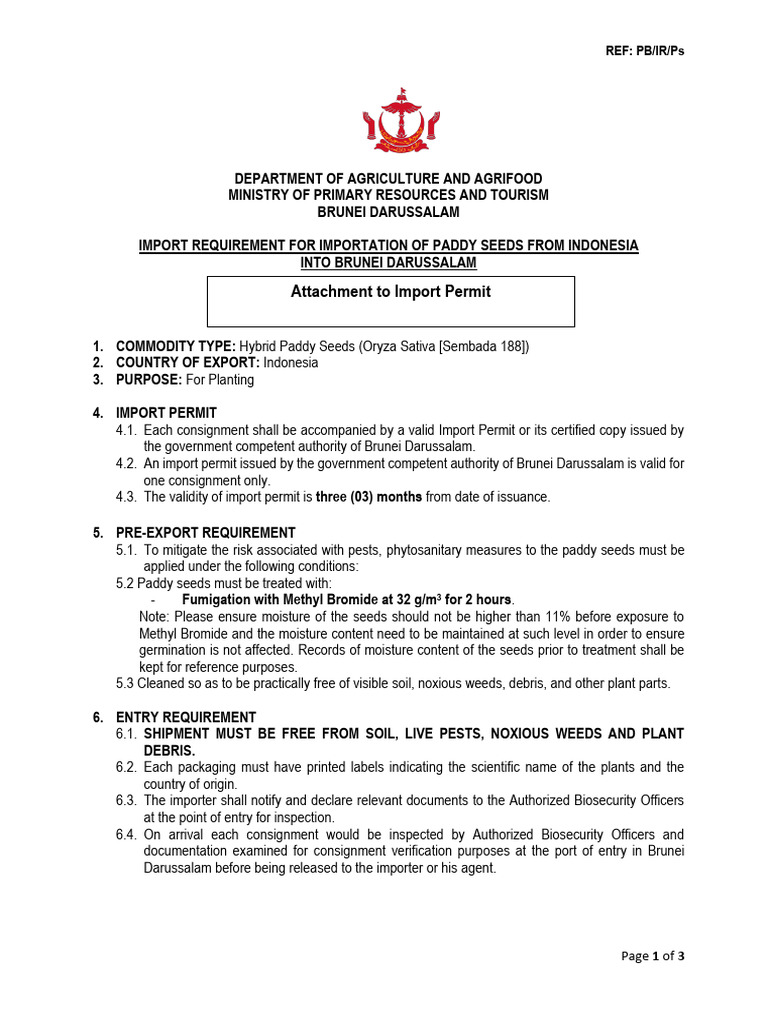 Import Requirements for Paddy Seeds Brunei | PDF | Rice | Pest (Organism)