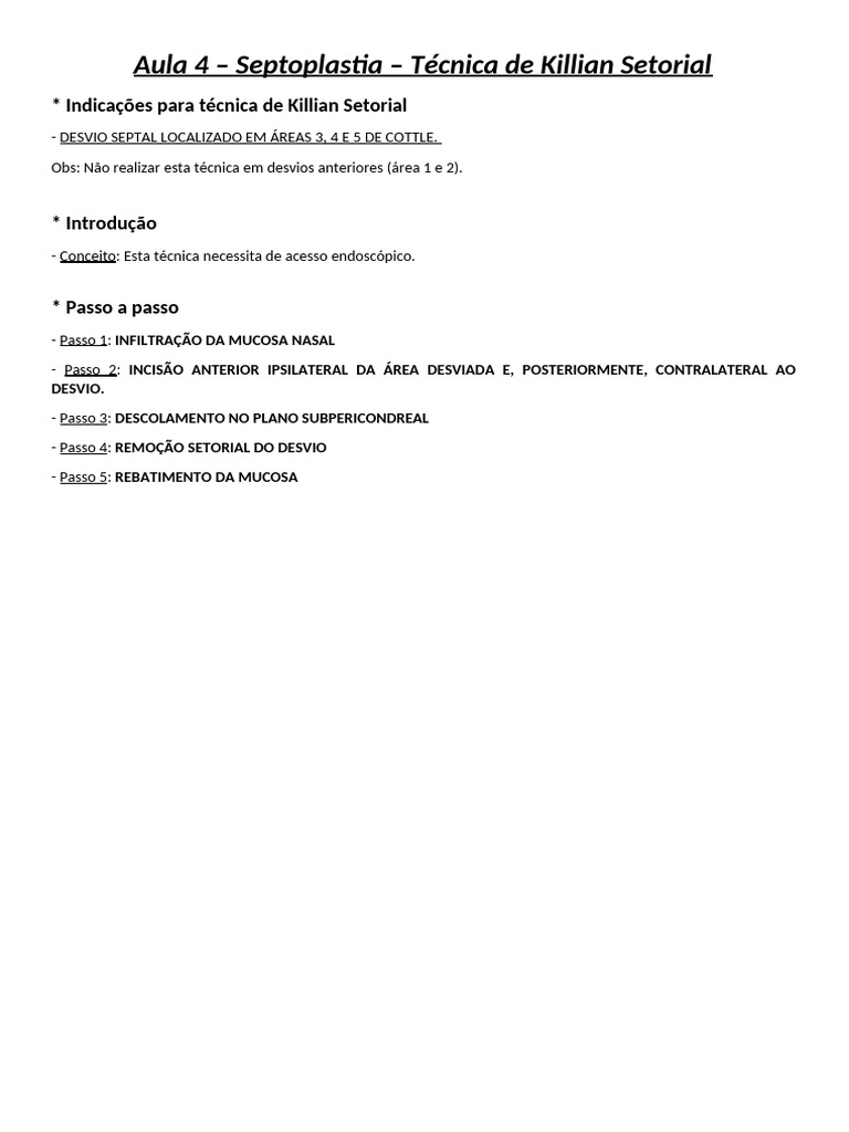 Aula 4 – Septoplastia – Técnica de Killian Setorial | PDF