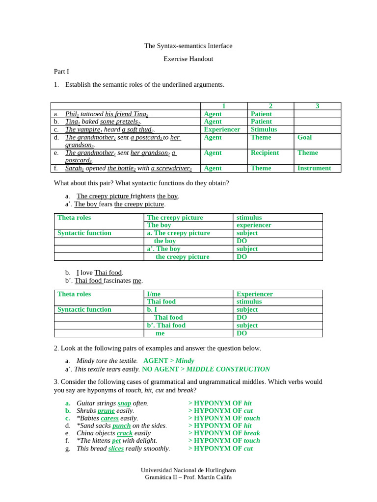 Semantic Roles and Syntactic Functions Exercise | PDF | Syntactic ...