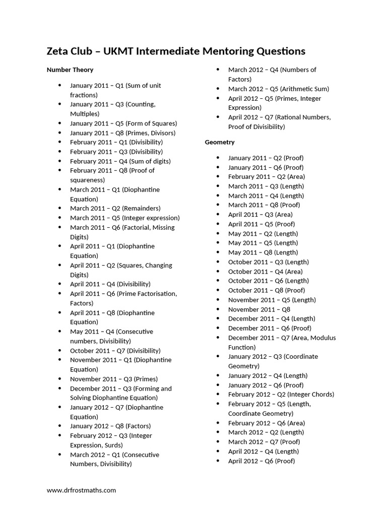 UKMT Intermediate Mentoring Questions | PDF | Prime Number | Equations