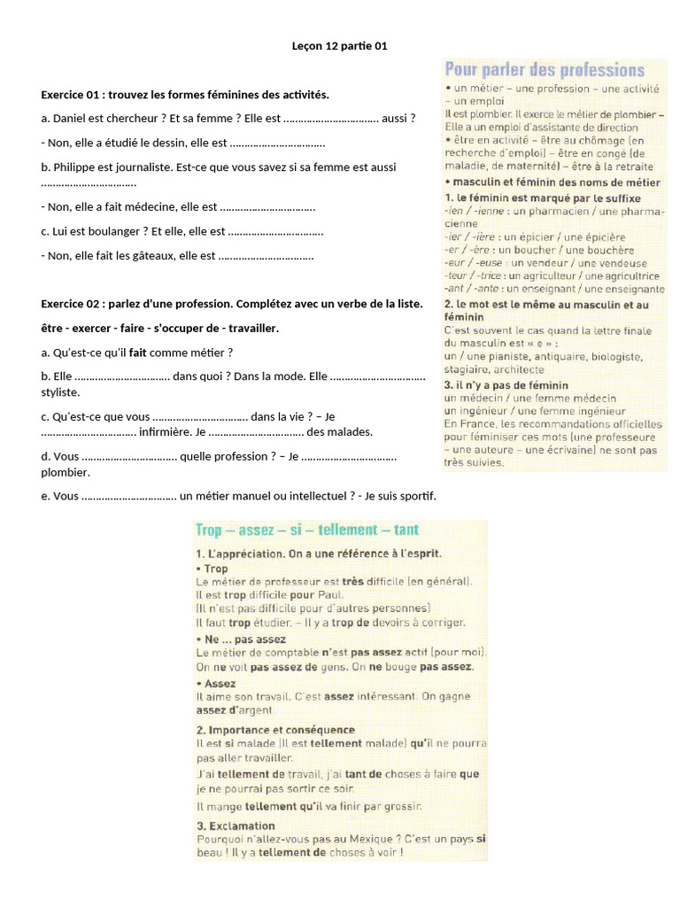Exercices de français sur les professions | PDF