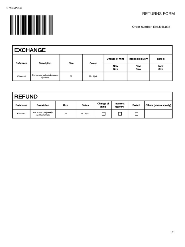 Shoe Returns and Exchange Form | PDF