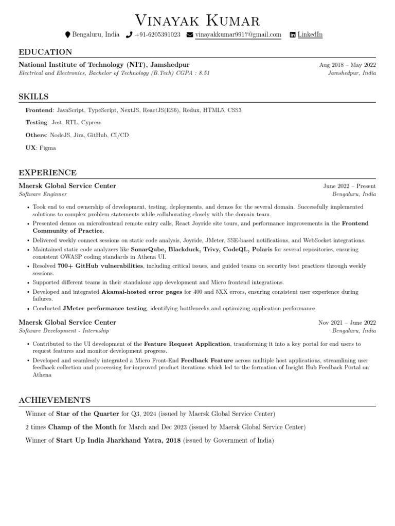 Vinayak Kumar: Software Engineer Profile | PDF | Computing | Systems ...