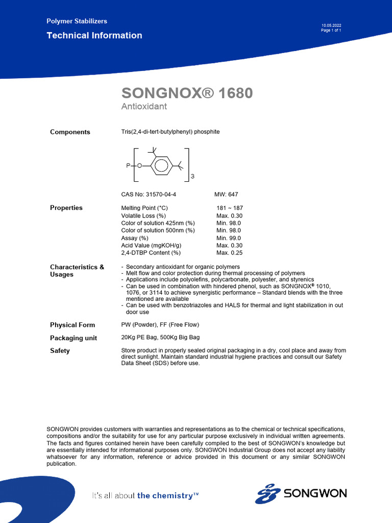 Polymer Stabilizers: SONGNOX® 1680 Info | PDF | Polymer Chemistry ...