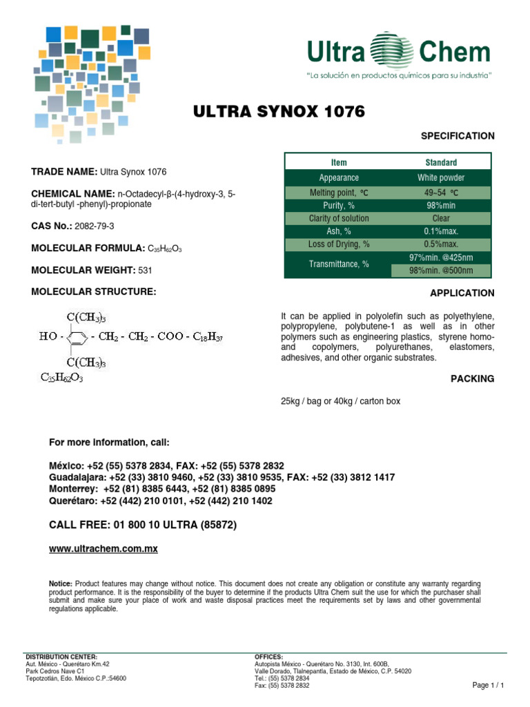 Ultra Synox 1076 Product Specifications | PDF | Polymers | Materials