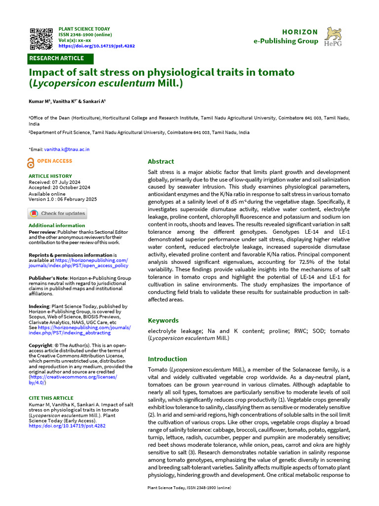 Impact of Salt Stress On Physiological Traits in T | PDF