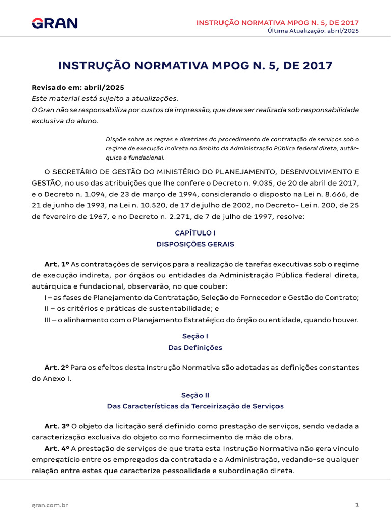 Instrução Normativa MPOG 5/2017: Contratação de Serviços | PDF ...