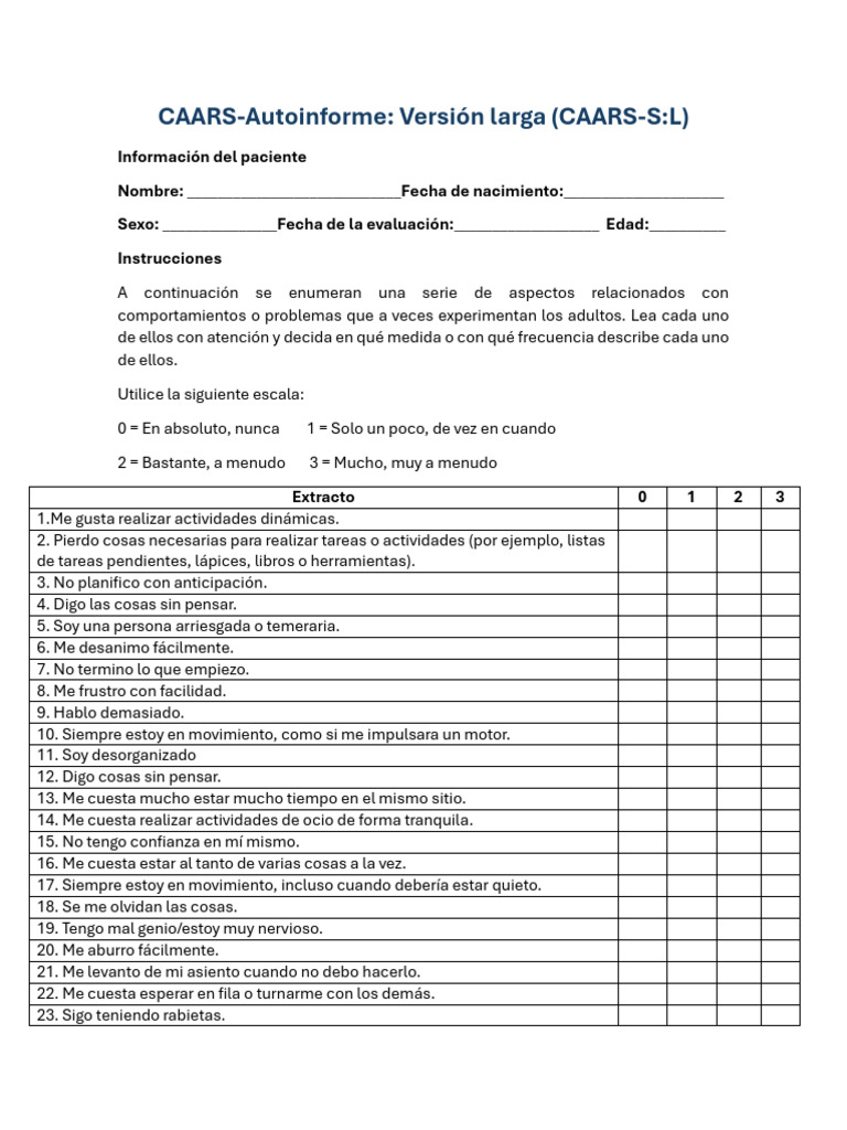 CAARS-S:L: Evaluación de TDAH en Adultos | PDF | Desorden hiperactivo y ...