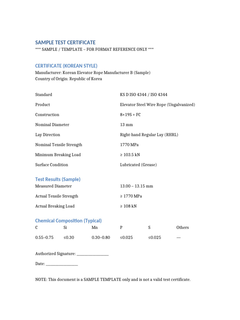 Sample Elevator Rope Test Certificate | PDF
