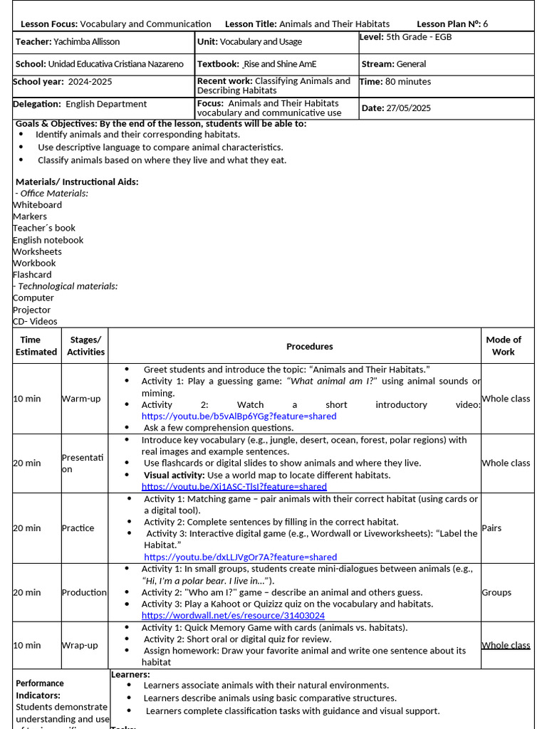 Animals and Habitats Lesson Plan | PDF | Learning | Cognition