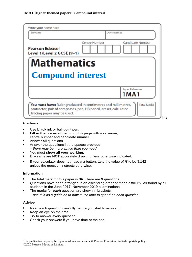 Compound Interest Exam Paper 1MA1 | PDF | Interest | Compound Interest