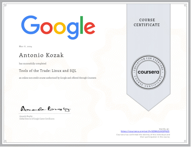 Linux and SQL Course Completion Certificate | PDF