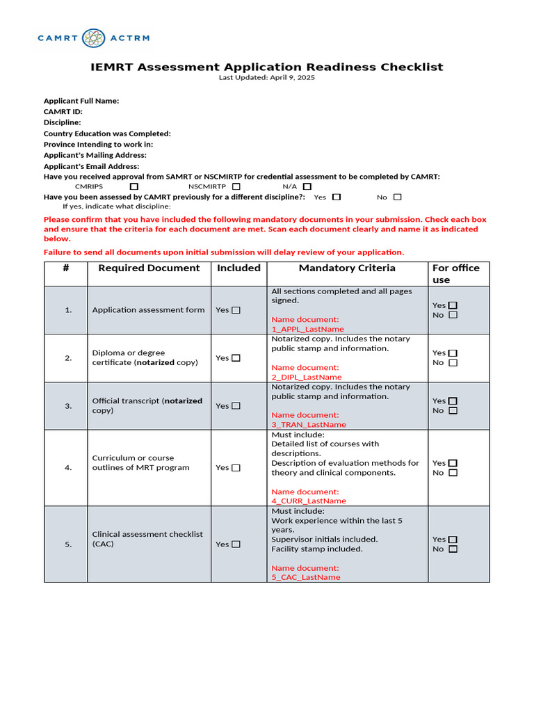 Final IEMRT Readiness Checklist Applicant3 | PDF