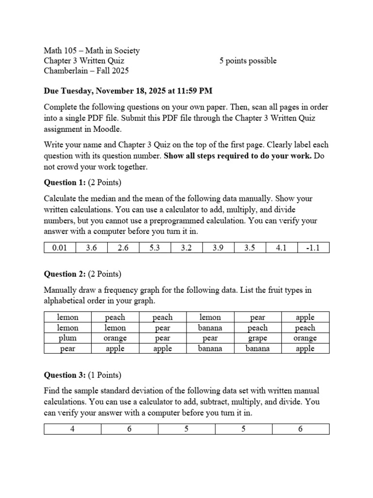 Math 105 Chapter 3 Quiz Instructions | PDF