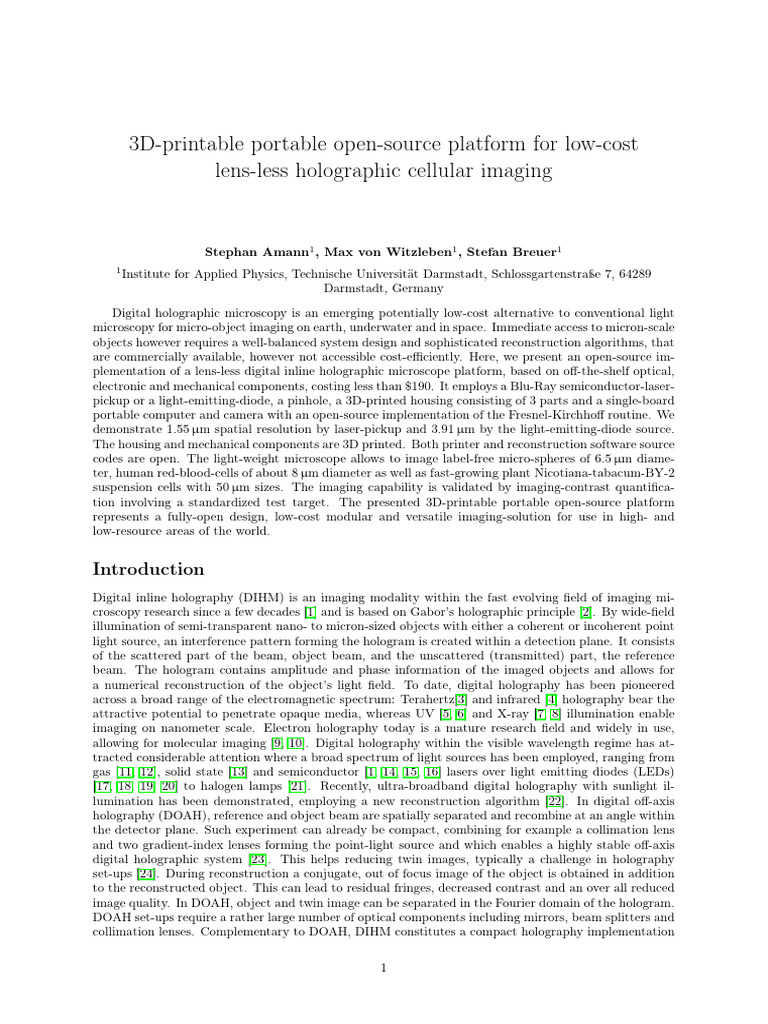 Low-Cost Lens-Less Holographic Microscope | PDF | Optical Resolution ...