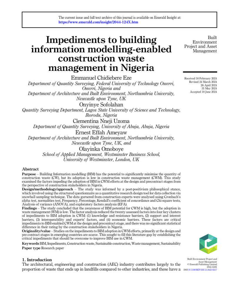 Barriers to BIM in Nigeria's Waste Management | PDF | Building ...