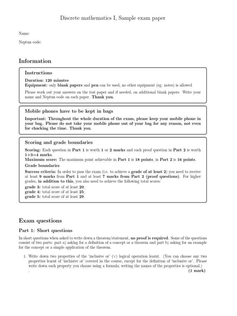 Discrete Math I Exam Sample Paper | PDF | Mathematical Proof | Theorem