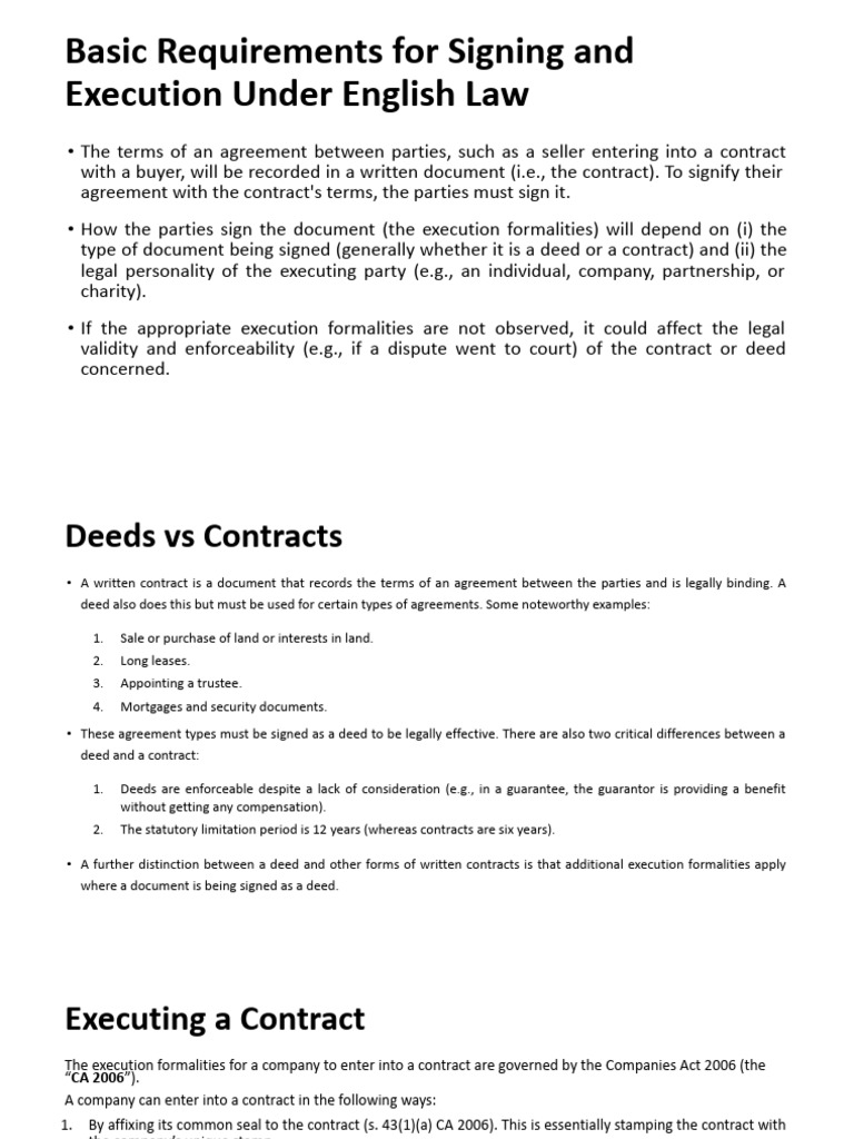 Signing and Executing Contracts in England | PDF | Deed | Signature