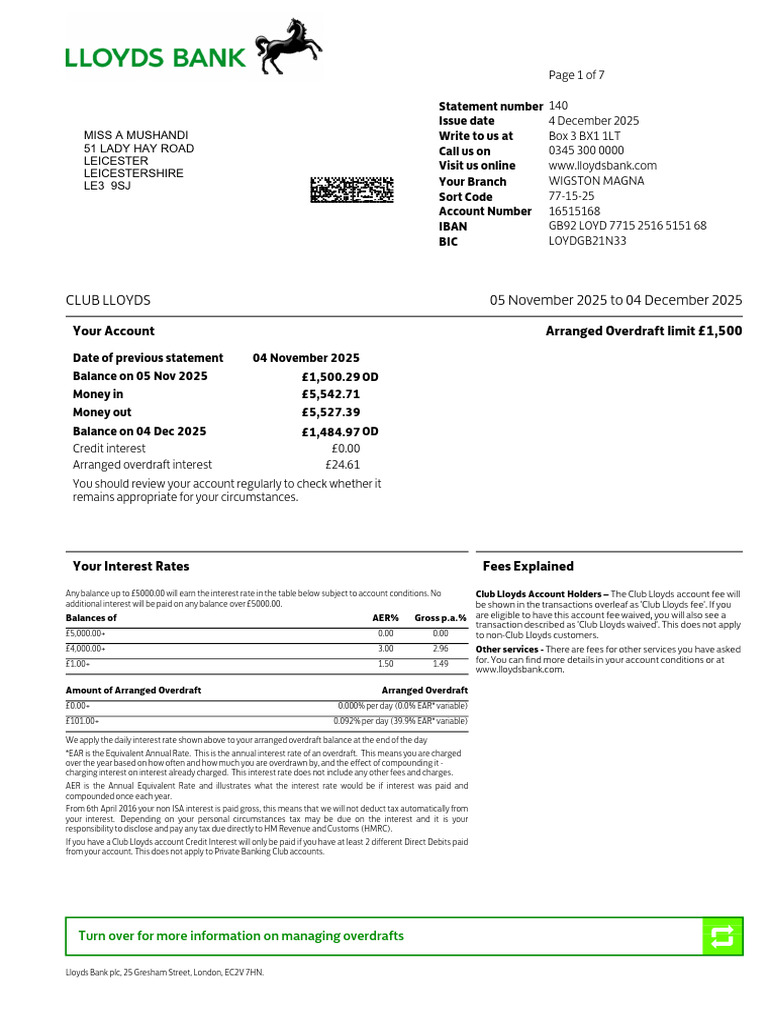 Lloyds Bank Account Statement Summary | PDF | Overdraft | Cash