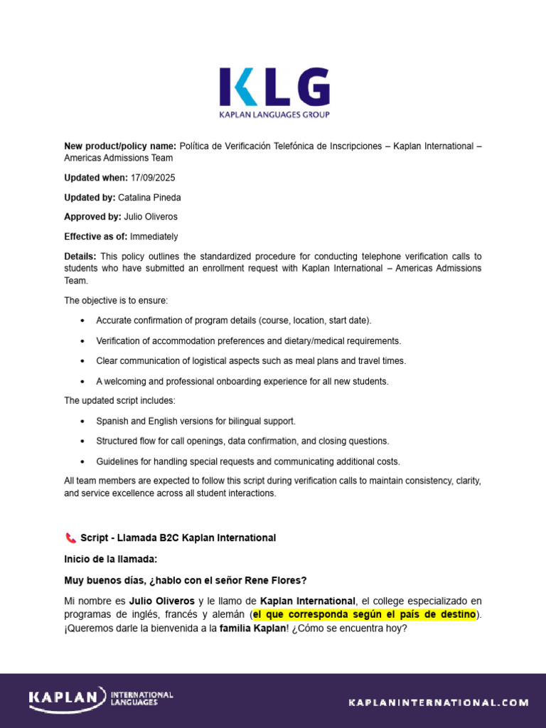 Script - Llamada B2C Kaplan International | PDF