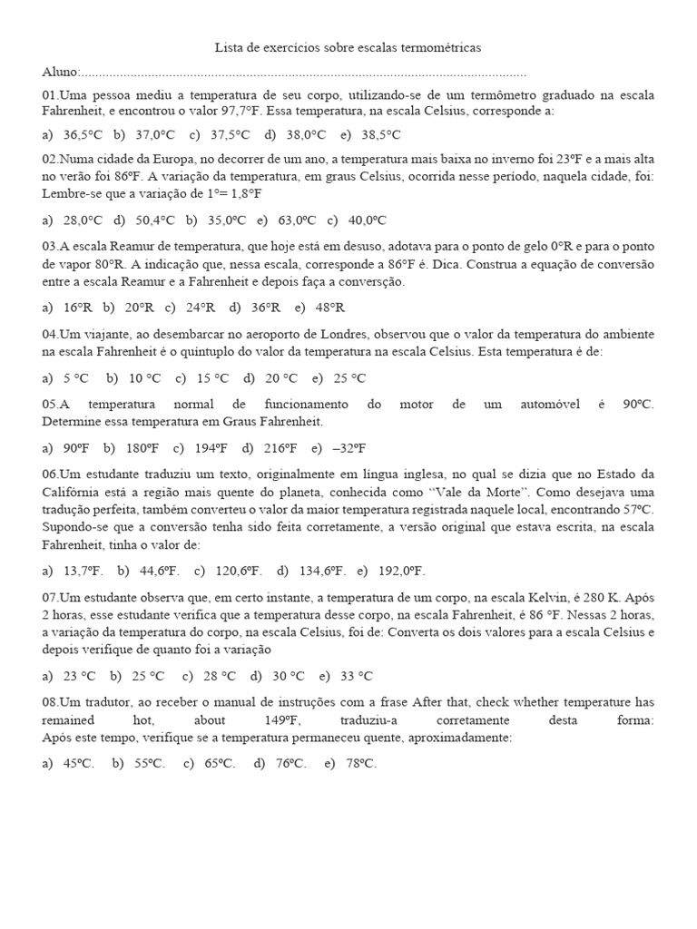 Exercícios de Conversão de Escalas Termométricas | PDF | Fahrenheit ...