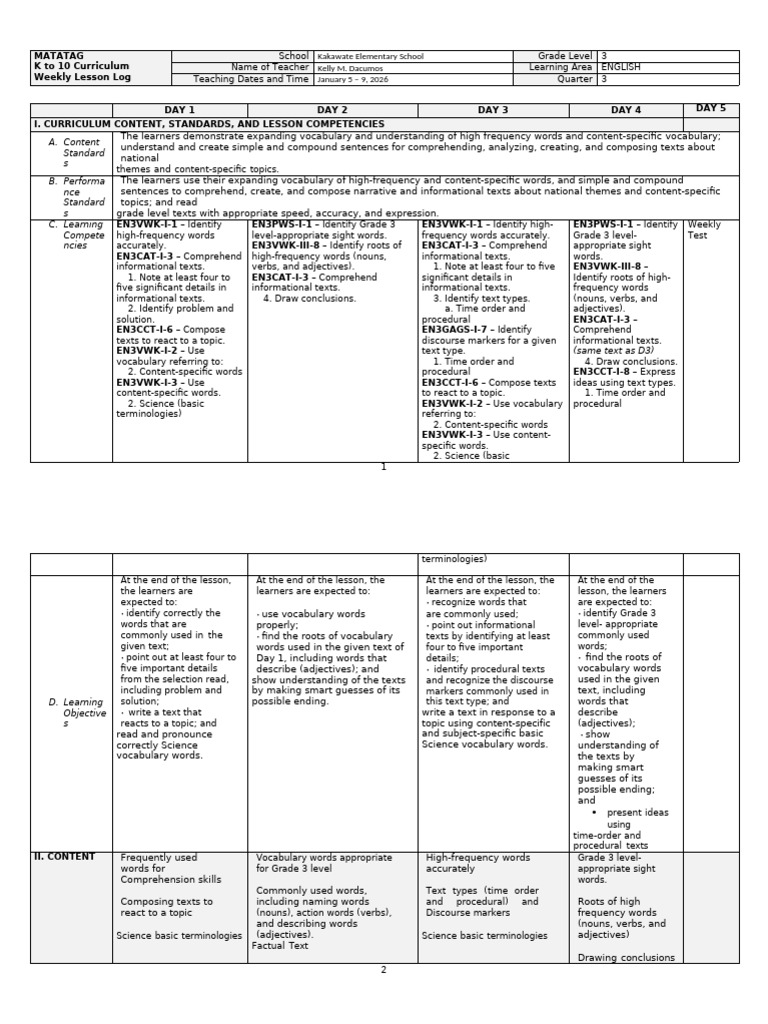 Grade 3 English Weekly Lesson Plan | PDF | Vocabulary | Word