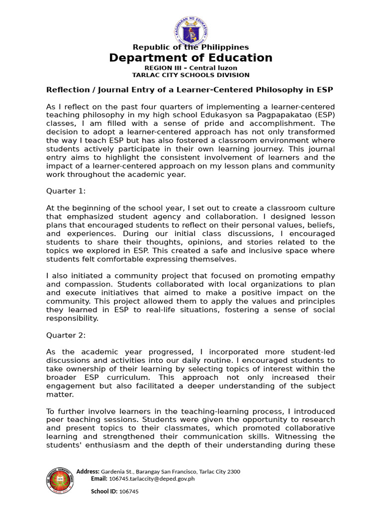 Learner-Centered ESP Teaching Reflection | PDF | Learning | Cognition