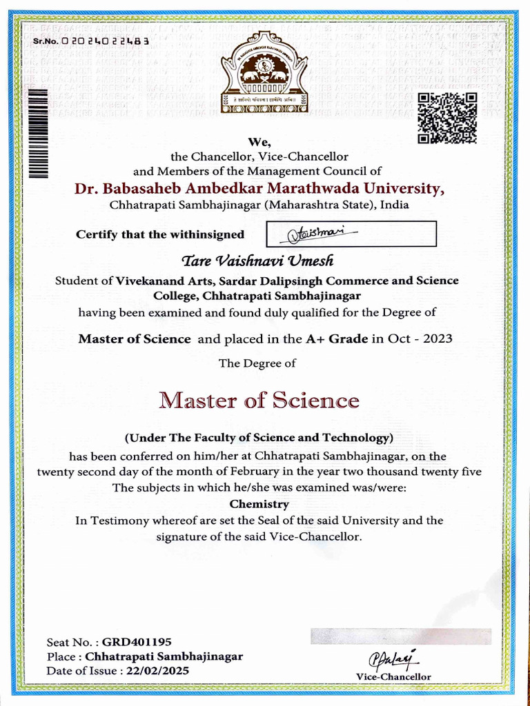 MSc Chemistry Degree Certification | PDF