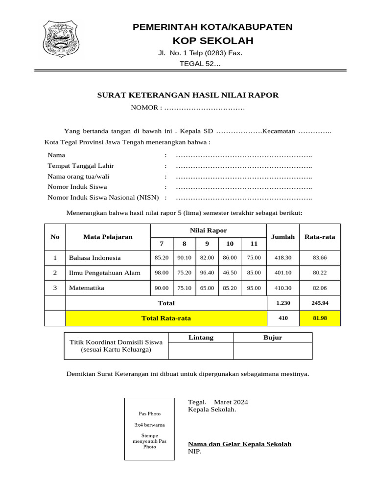 Surat Keterangan Nilai Rapor Siswa | PDF