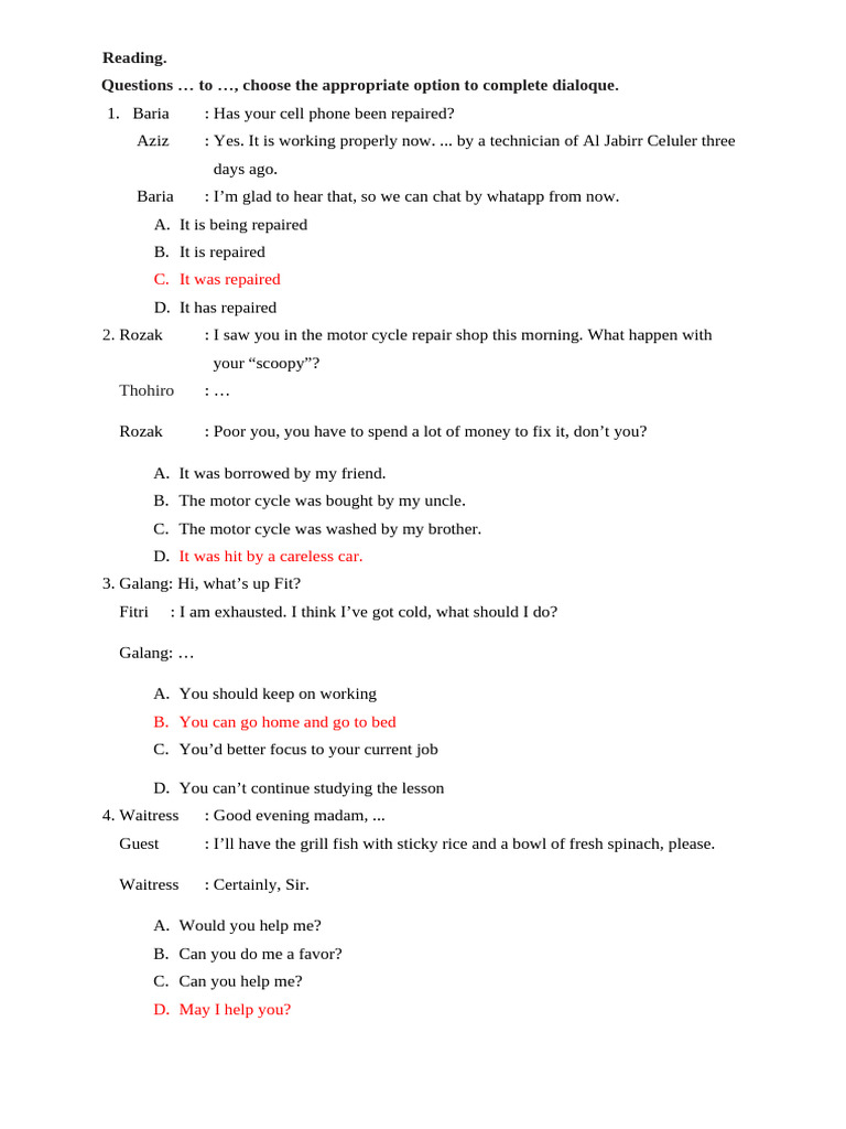 Dialogue Completion Practice Questions | PDF
