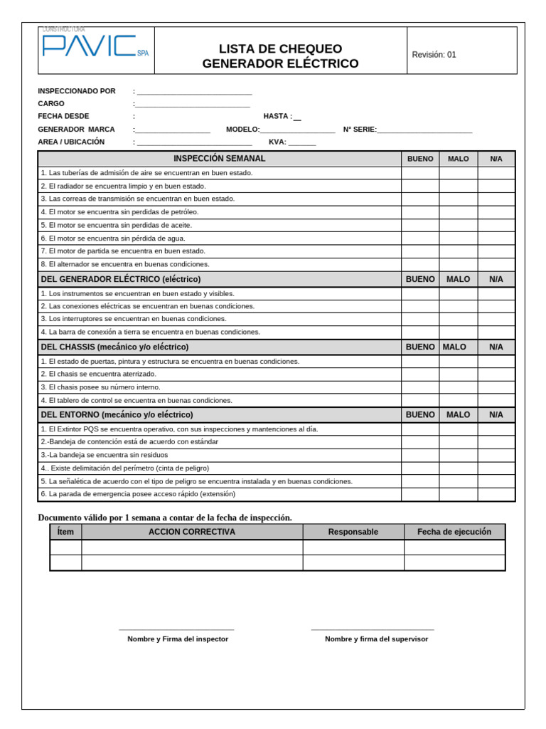 Lista de Chequeo para Generadores Eléctricos | PDF