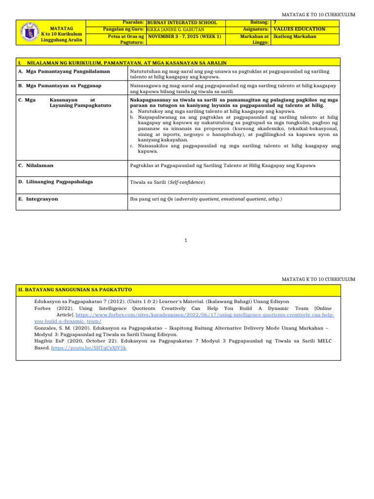 DLL Matatag - Values Education 7 Q3 W1 | PDF