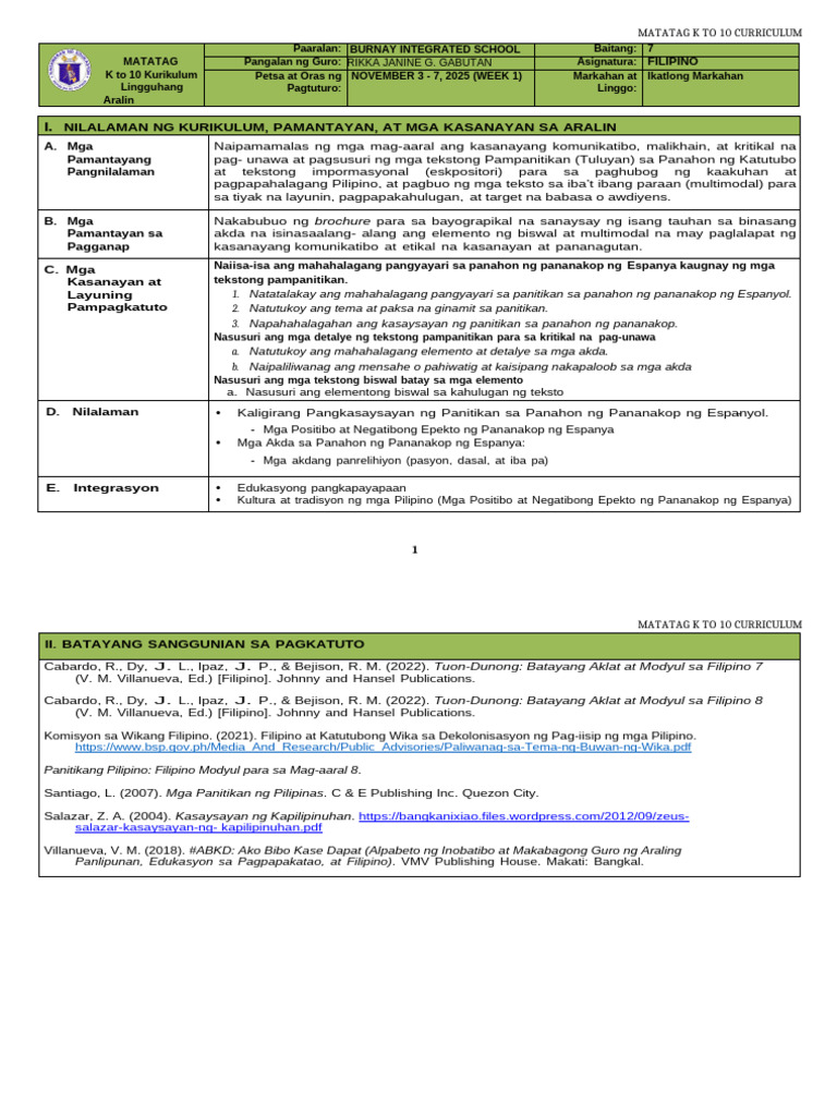 DLL Matatag - Filipino 7 Q3 W1 | PDF