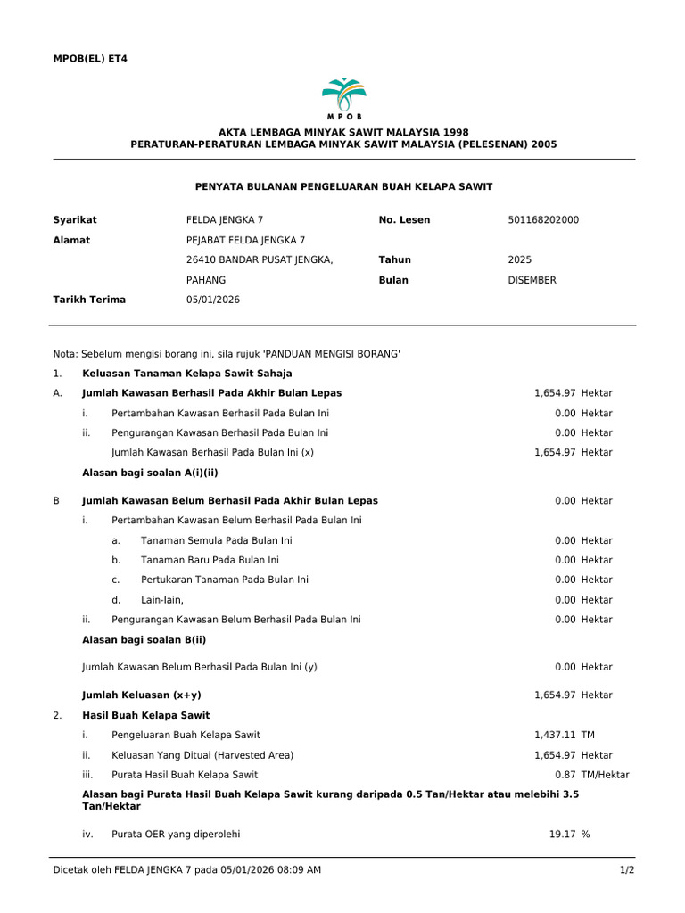 Laporan MPOB Disember 2025 Jengka 7 | PDF