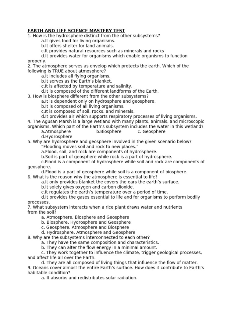 Earth and Life Science Mastery Test | PDF | Rock (Geology) | Earth Sciences
