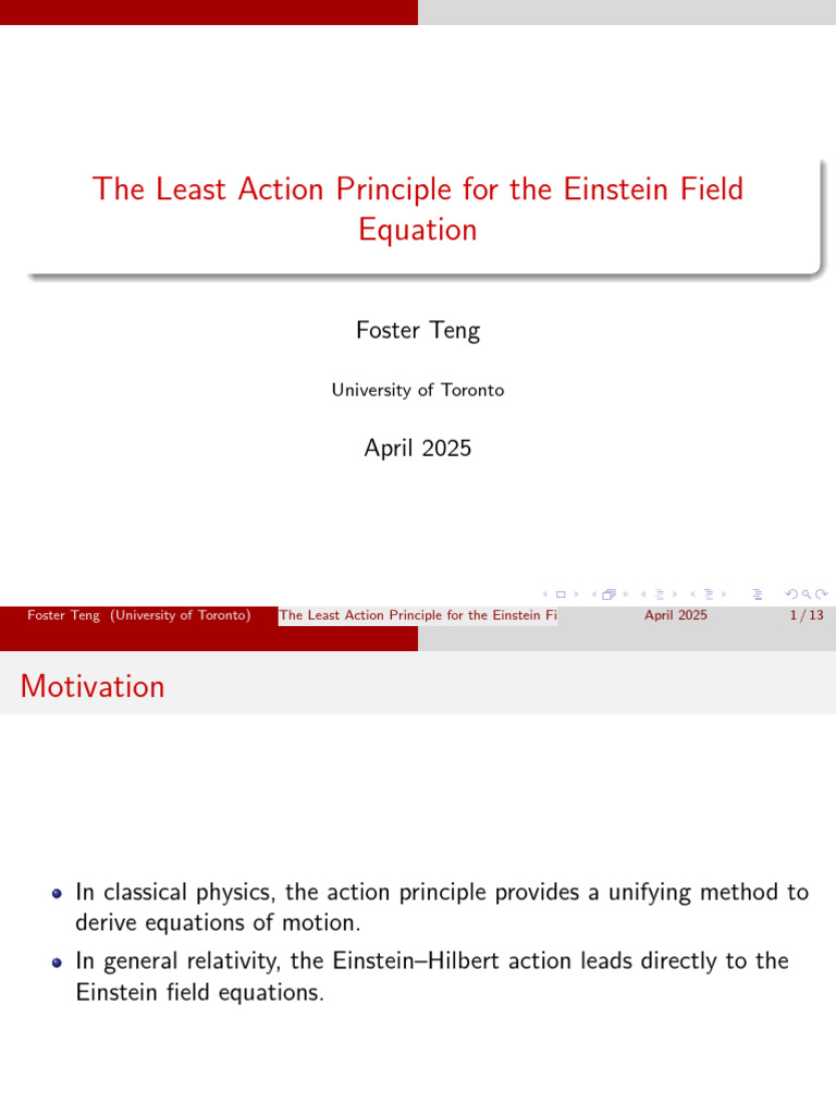 The Least Action Principle For The Einstein Field Equation: Foster Teng ...
