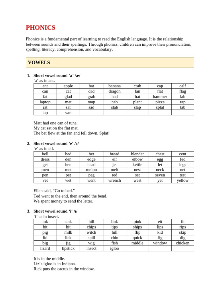 Phonics Guide: Vowel and Consonant Sounds | PDF | Phonics